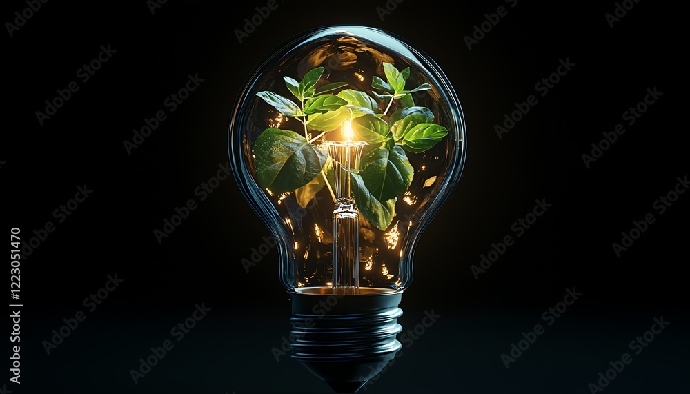 Light bulb glowing with a green plant inside, dark background, symbolizing environmental sustainability and renewable energy sources, hyperrealism, cinematic atmosphere Light bulb glowing with a green plant inside, dark background, symbolizing environmental sustainability and renewable energy sources, hyperrealism, cinematic atmosphere