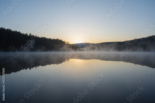Serene lake at sunrise with mist and forest reflection