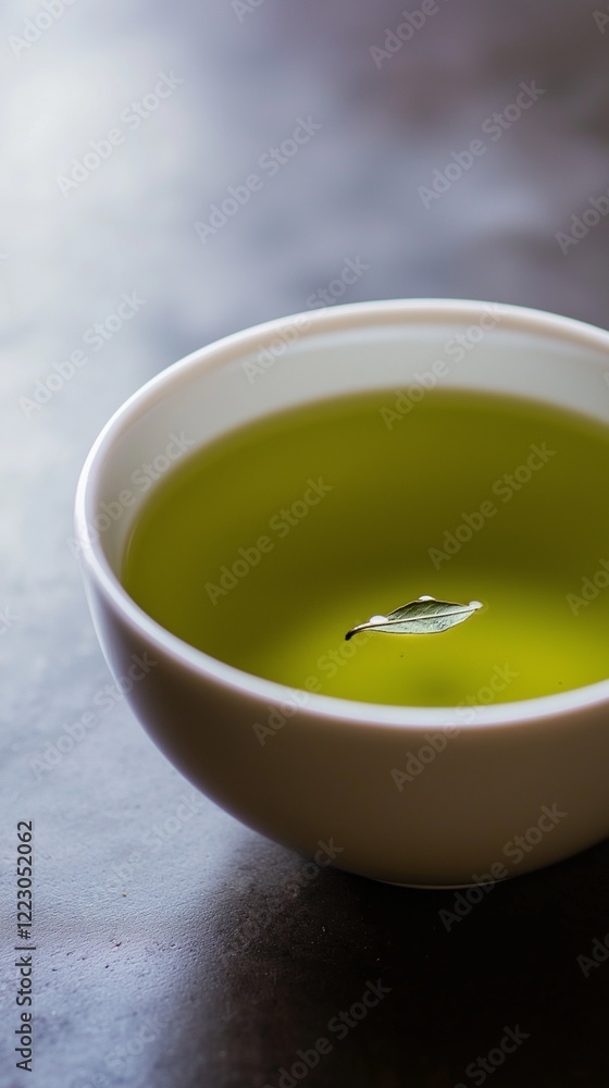 cup of warm green tea with single leaf floating on surface served in simple white cup cup of warm green tea with single leaf floating on surface served in simple white cup