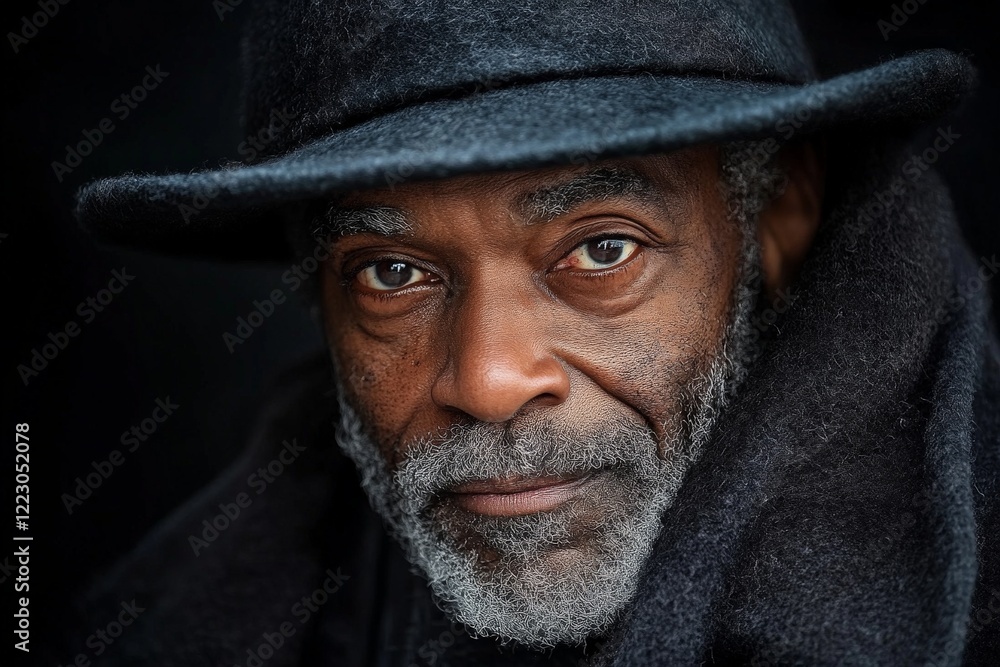 Captivating portrait of an elderly man wearing a hat and scarf in front of a dark background Captivating portrait of an elderly man wearing a hat and scarf in front of a dark background