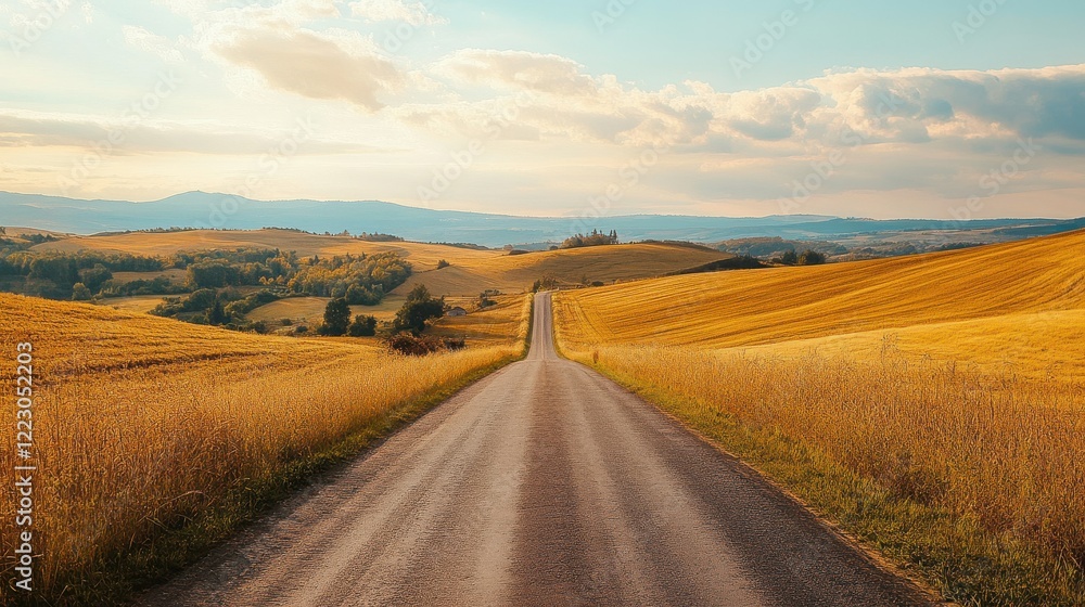 Scenic country road through golden fields at sunset Scenic country road through golden fields at sunset