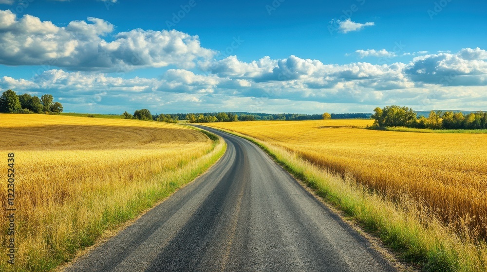 Scenic country road through golden wheat fields under blue sky with clouds Scenic country road through golden wheat fields under blue sky with clouds