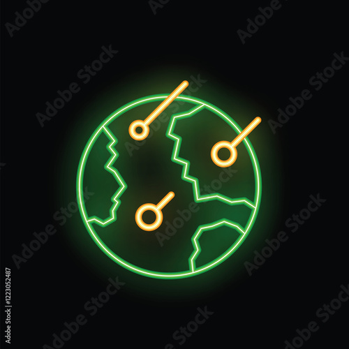 Glowing neon icon representing a broken planet earth with meteors approaching, on a dark background