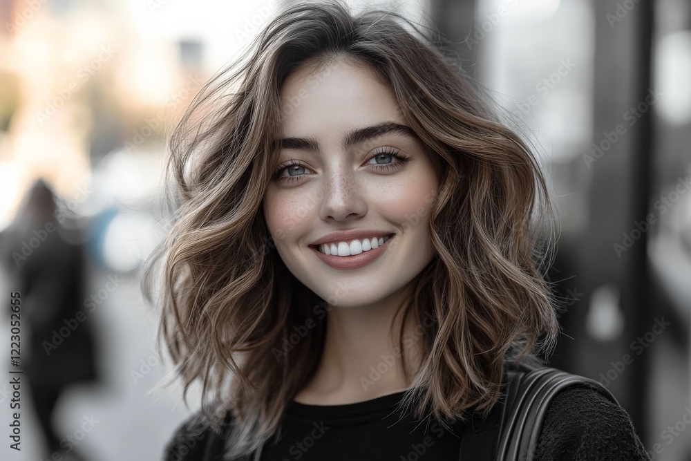 Smiling young woman with wavy hair poses on a busy urban street during the day Smiling young woman with wavy hair poses on a busy urban street during the day
