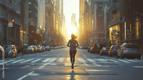 A girl in athletic gear running on a city street during the morning