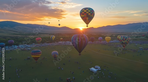 Hot air balloons floating over a serene field during a picturesque sunrise. photo