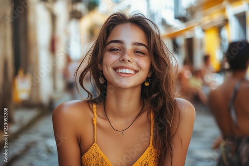 Young woman smiling joyfully while enjoying a sunny day in a vibrant street with colorful buildings