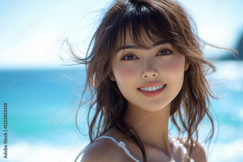 Smiling young woman enjoys a sunny day at the beach with ocean waves in the background Smiling young woman enjoys a sunny day at the beach with ocean waves in the background