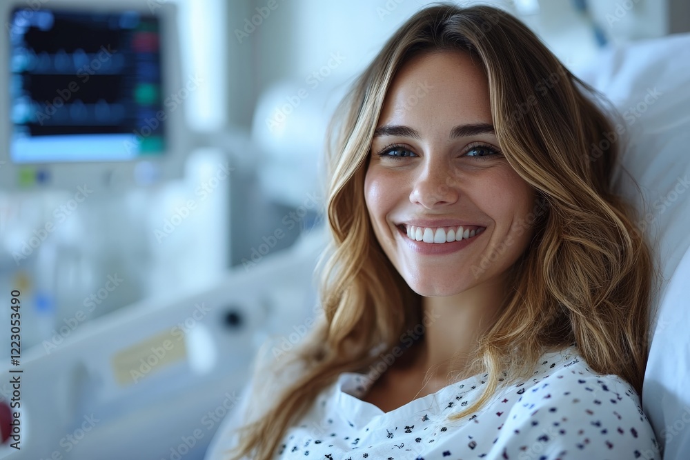 Smiling young woman recovering in hospital room with medical equipment nearby Smiling young woman recovering in hospital room with medical equipment nearby
