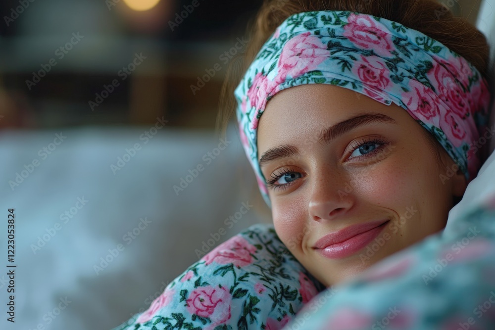 Smiling woman with floral headband relaxing comfortably in cozy bed during morning light Smiling woman with floral headband relaxing comfortably in cozy bed during morning light