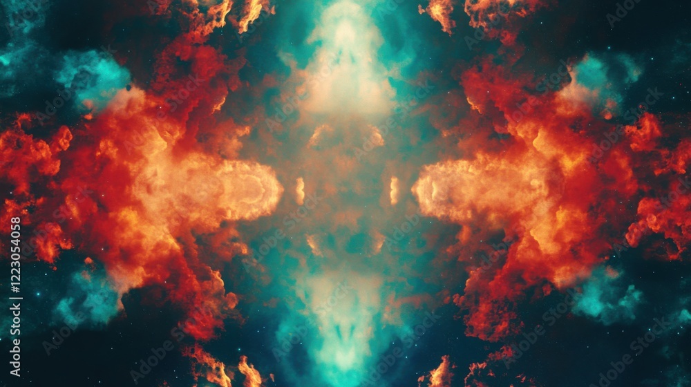 A digital art piece featuring light rays in red, blue, and green forming an abstract, symmetric pattern. The colorful lights give a sense of space travel. A digital art piece featuring light rays in red, blue, and green forming an abstract, symmetric pattern. The colorful lights give a sense of space travel.