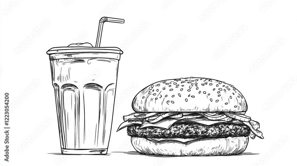 Fast food meal featuring a hamburger and a refreshing drink served in a glass Fast food meal featuring a hamburger and a refreshing drink served in a glass