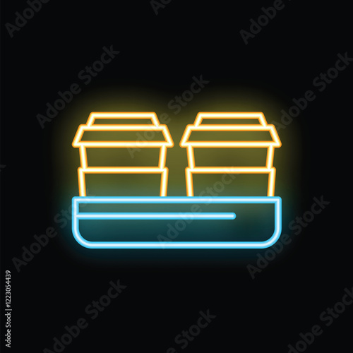 Neon glowing icon of takeaway coffee cups stacked on a tray, suggesting a cafe or coffee shop