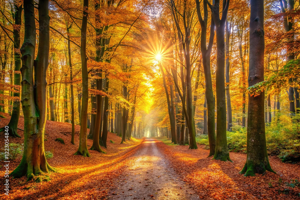 Sunlit autumn path through golden forest. Sunlit autumn path through golden forest.