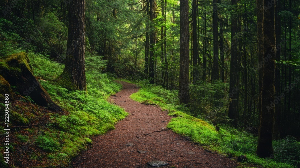 Fototapeta premium Serene forest path under lush green canopy in tranquil woodland setting