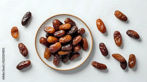 Plate with dried dates for Ramadan on white background photo