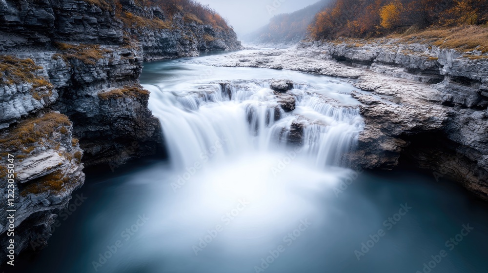 Fototapeta premium Waterfall cascading through autumnal canyon, misty mountains background; nature photography