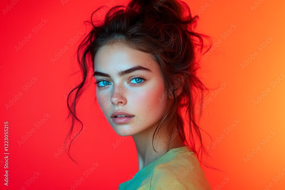 Captivating portrait of a young woman with striking blue eyes against a vibrant orange and red background Captivating portrait of a young woman with striking blue eyes against a vibrant orange and red background