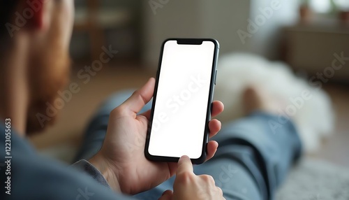 Man uses smartphone with blank screen in relaxed setting for digital content creation