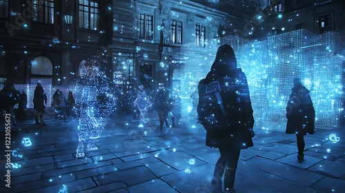 Night City Street Scene with Glowing Blue Light Particles and Crowd of People photo