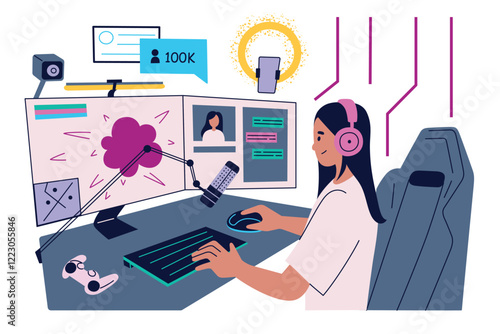 Vector illustration of modern gaming and streaming setup. Female gamer playing at desk with monitors, microphone, headphones, video games accessories. Composition for esports and digital content