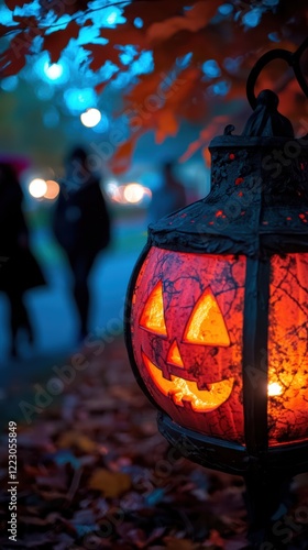 Glowing pumpkin lantern with trickortreaters in the background photo