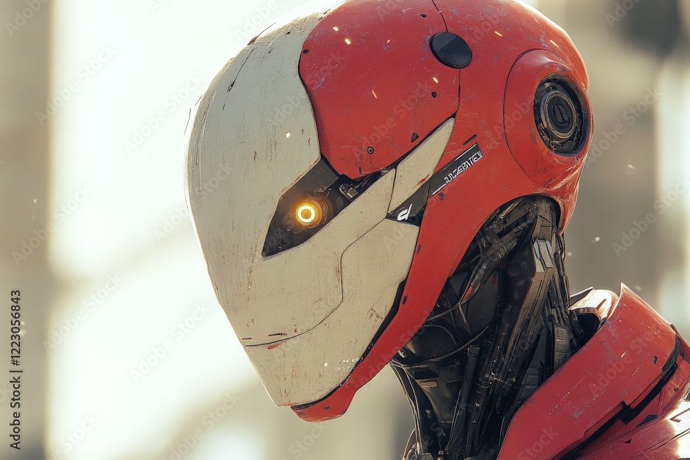 Fototapeta premium Futuristic robot with red and white design stands against a blurred urban background during daytime
