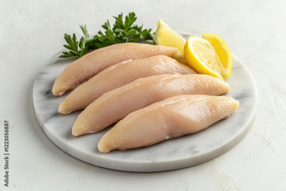 Fresh Raw Chicken Fillets with Lemon and Parsley on Marble Board Fresh Raw Chicken Fillets with Lemon and Parsley on Marble Board