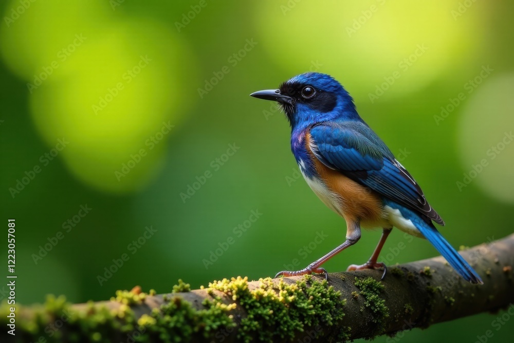 Vibrant Blue Bird Perched on Mossy Branch in Lush Green Natural Habitat Vibrant Blue Bird Perched on Mossy Branch in Lush Green Natural Habitat