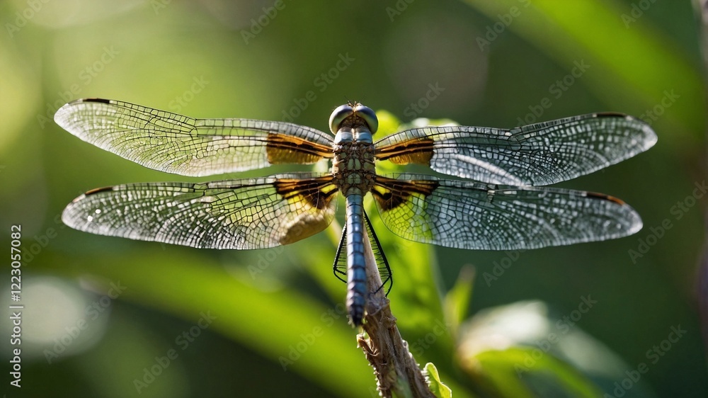 A close-up of a delicate dragonfly perched on a thin tree branch, its translucent wings shimmering under soft sunlight. The background is blurred, featuring lush greenery and a warm A close-up of a delicate dragonfly perched on a thin tree branch, its translucent wings shimmering under soft sunlight. The background is blurred, featuring lush greenery and a warm