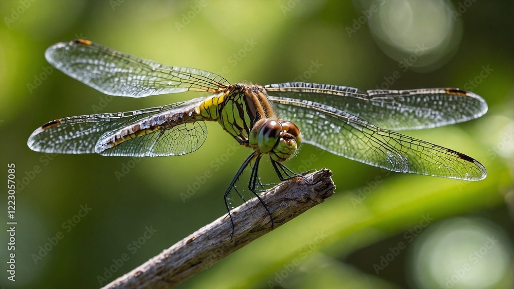 A close-up of a delicate dragonfly perched on a thin tree branch, its translucent wings shimmering under soft sunlight. The background is blurred, featuring lush greenery and a warm A close-up of a delicate dragonfly perched on a thin tree branch, its translucent wings shimmering under soft sunlight. The background is blurred, featuring lush greenery and a warm