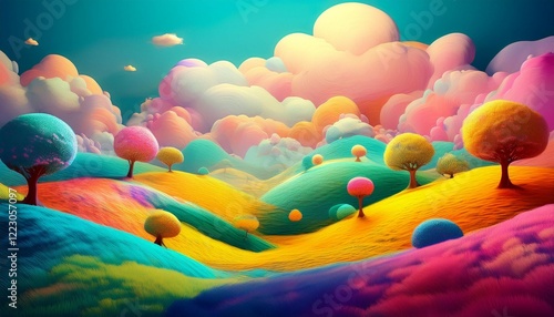 colorful whimsical landscape with fluffy hills trees and clouds photo