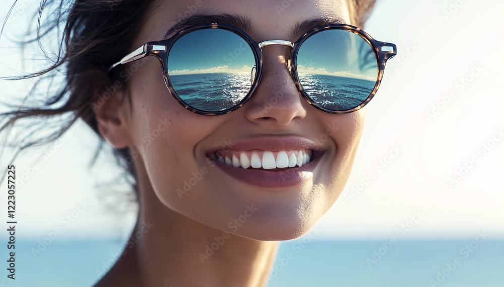 Close-up of a smiling woman in sunglasses blended with a serene landscape in a double exposure effect, capturing the essence of joy and nature intertwined. Close-up of a smiling woman in sunglasses blended with a serene landscape in a double exposure effect, capturing the essence of joy and nature intertwined.