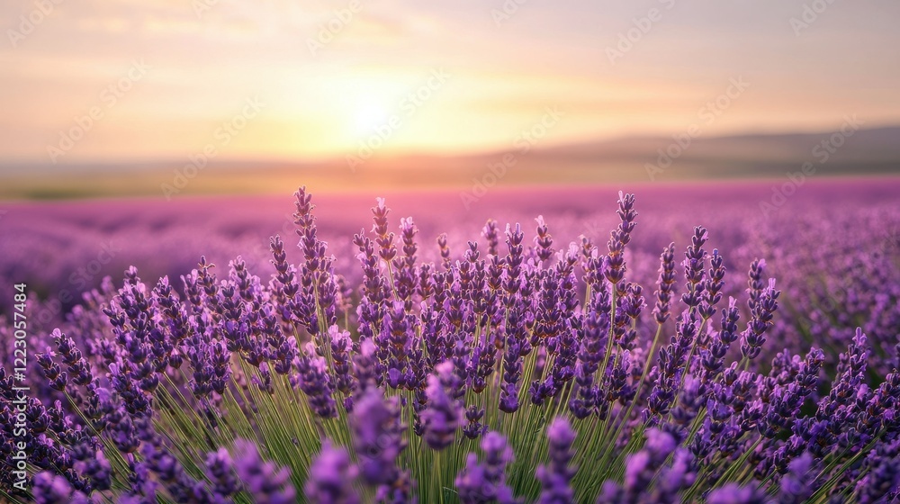 Naklejka premium Lavender fields at sunrise with vibrant purple blooms in scenic landscape
