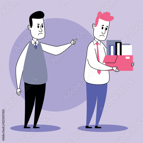 Manager gesturing decisively towards employee looking disheartened while holding box of personal belongings