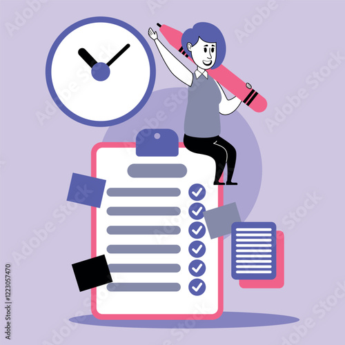 Manager managing task list while ensuring employee efficiency. Woman holding large pen and monitoring time with clock nearby