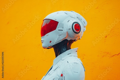 Futuristic humanoid figure with sleek design against a vibrant yellow background in an urban setting