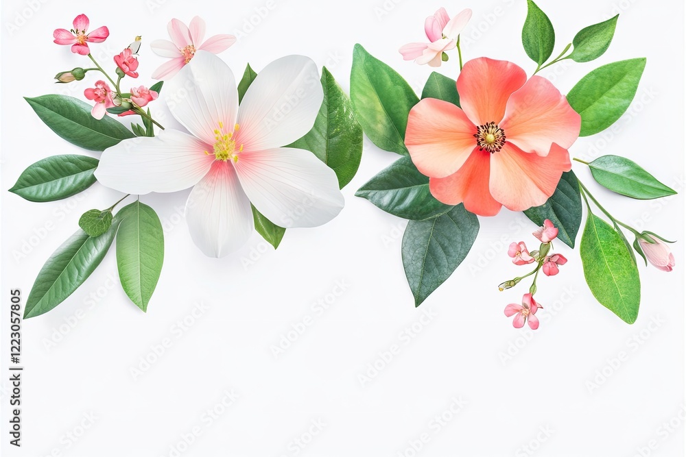 Naklejka premium Vibrant arrangement of white and orange flowers with green leaves on a light background