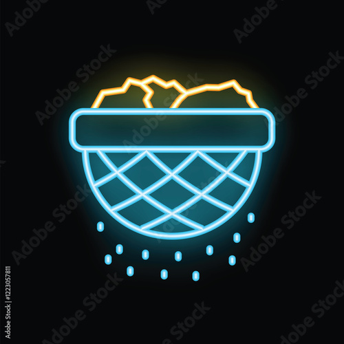 Glowing blue neon icon of a colander sifting flour on a black background