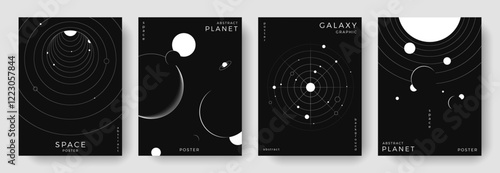 Set of abstract space astronomy backgrounds. Line art galaxy, universe, planet, solar system. Science future concept. Cosmic minimalist design for cover, poster, layout, banner, flyer, brochure