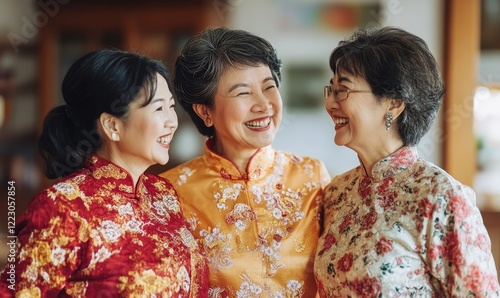 Wallpaper Mural Three Mature Asian Women Friends Enjoying Time Together in Traditional Clothing, Smiling and Happy, Celebrating Friendship and Joyful Moments Indoors, Generative AI Torontodigital.ca