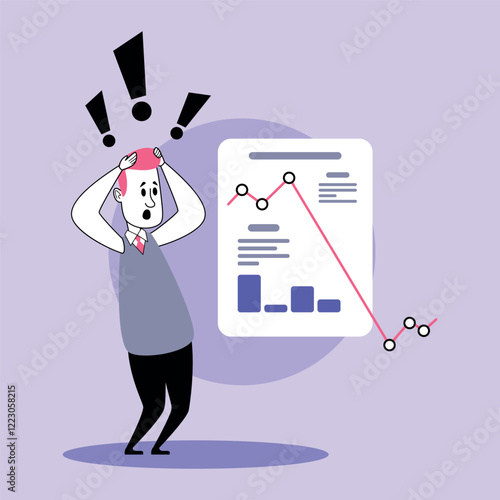 Manager standing in office space, expressing concern over decreasing performance metrics shown on report. Graph displaying downward trend, highlighting urgency