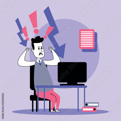 Business manager sitting at desk with computer, displaying visible frustration. High-pressure work dynamics with signs of stress and deadlines