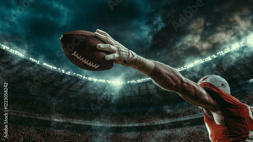 A dramatic shot of a football player extending his gloved hand to catch the ball under stadium lights, capturing the intensity and action of the Super Bowl atmosphere. photo