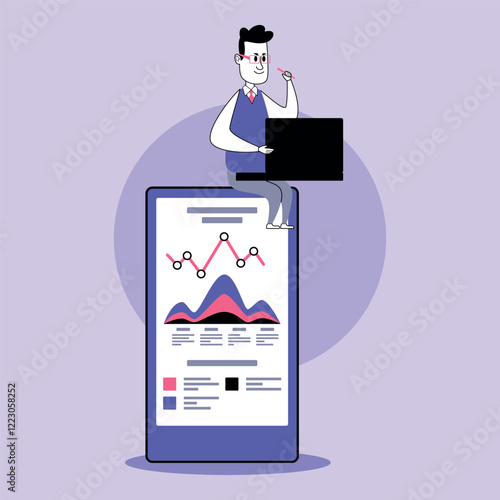 Business manager analyzing data trends while sitting atop large mobile device. Graphs and statistics, demonstrating modern work practices on screen