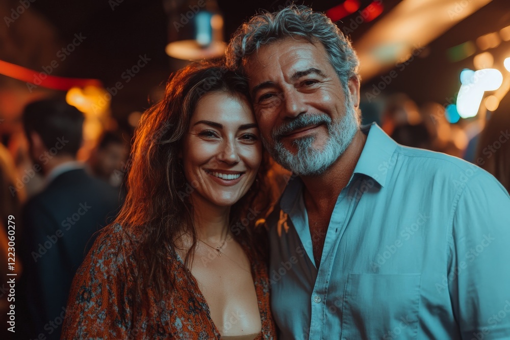 Smiling couple enjoying a night out at an outdoor social event, surrounded by vibrant lights and guests Smiling couple enjoying a night out at an outdoor social event, surrounded by vibrant lights and guests