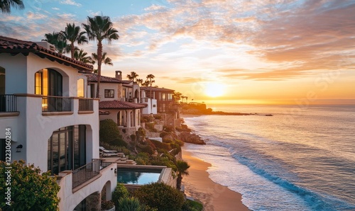 Luxury Oceanfront Villa in California with Infinity Pool at Sunset, Modern Coastal Living, Exclusive Real Estate, Relaxing Retreat, Generative AI