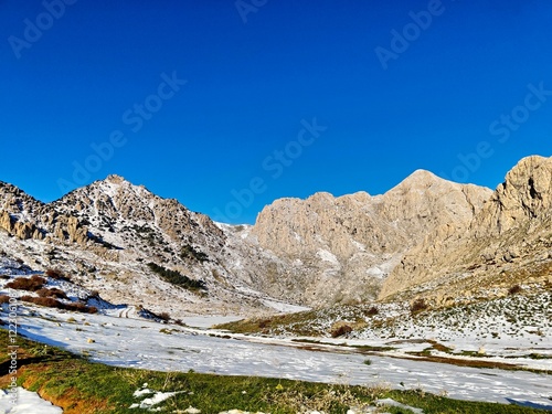 Landscape view from the heights of Djurdjura, tell Atlas with snow-capped mountains. Bouira. Tizi ouzou. Bejaia. Algeria
