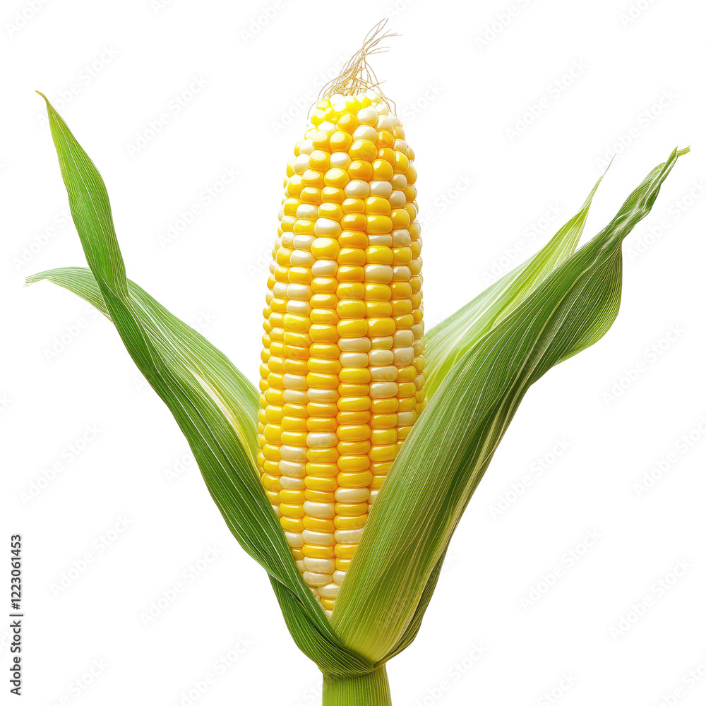 An ultra-realistic photograph of fresh corn on the cob, with a golden-yellow color and green leaves, isolated against a white background transparent, alpha background png An ultra-realistic photograph of fresh corn on the cob, with a golden-yellow color and green leaves, isolated against a white background transparent, alpha background png