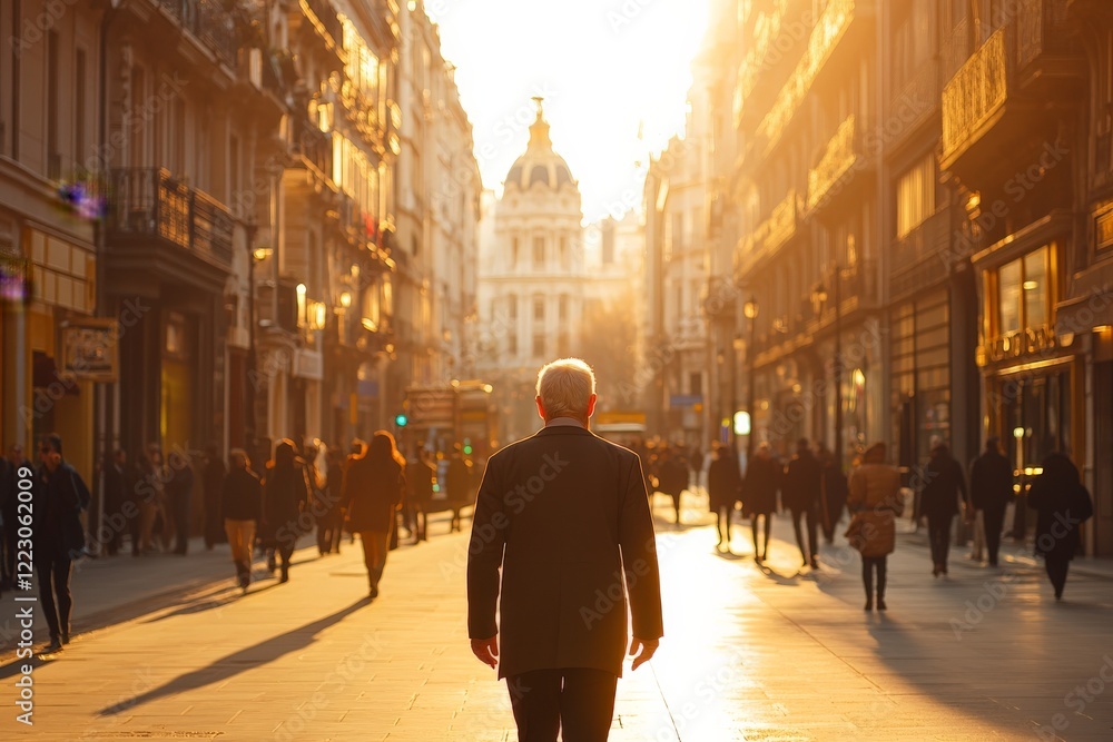 Obraz premium Walking towards sunset in a bustling city street filled with people and golden light